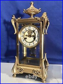 Antique USA Waterbury Crystal Strike, Regulator Brass Clock, Porcelain Dial