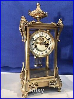 Antique USA Waterbury Crystal Strike, Regulator Brass Clock, Porcelain Dial