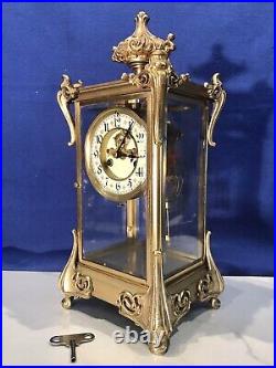 Antique USA Waterbury Crystal Strike, Regulator Brass Clock, Porcelain Dial