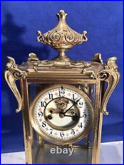 Antique USA Waterbury Crystal Strike, Regulator Brass Clock, Porcelain Dial