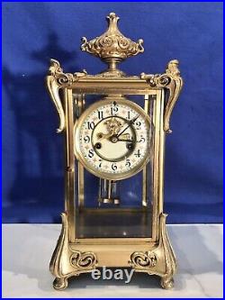 Antique USA Waterbury Crystal Strike, Regulator Brass Clock, Porcelain Dial