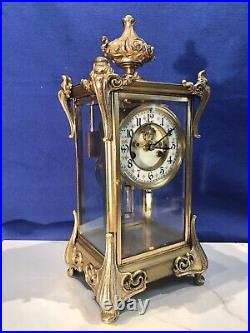 Antique USA Waterbury Crystal Strike, Regulator Brass Clock, Porcelain Dial