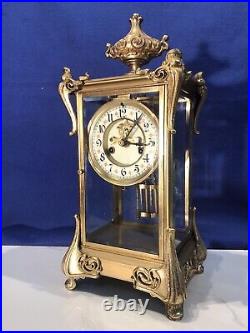 Antique USA Waterbury Crystal Strike, Regulator Brass Clock, Porcelain Dial