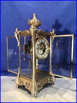 Antique USA Waterbury Crystal Strike, Regulator Brass Clock, Porcelain Dial