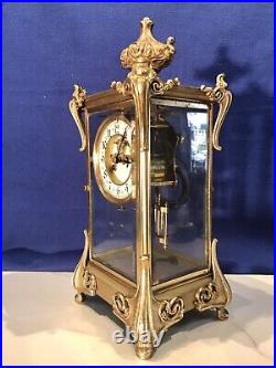 Antique USA Waterbury Crystal Strike, Regulator Brass Clock, Porcelain Dial