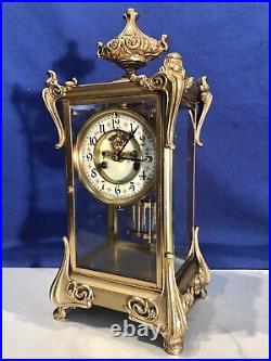 Antique USA Waterbury Crystal Strike, Regulator Brass Clock, Porcelain Dial