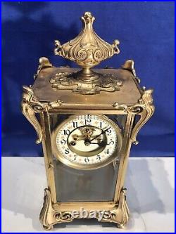 Antique USA Waterbury Crystal Strike, Regulator Brass Clock, Porcelain Dial