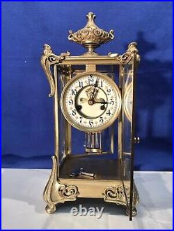 Antique USA Waterbury Crystal Strike, Regulator Brass Clock, Porcelain Dial