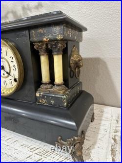 Antique Vintage ST 1880 Seth Thomas Adamantine 4 Column Lion Heads Table Clock