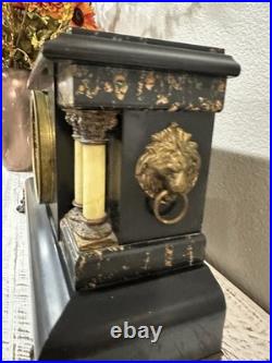Antique Vintage ST 1880 Seth Thomas Adamantine 4 Column Lion Heads Table Clock