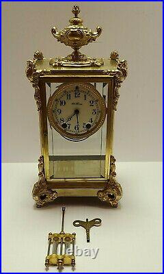Antique Working 1909 SETH THOMAS Victorian Brass & Glass Crystal Regulator Clock