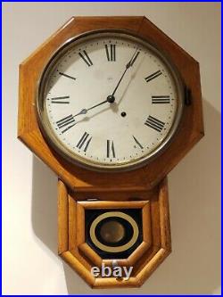 Antique Working SETH THOMAS Oak Octagon Drop School House Regulator Wall Clock