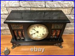 Beautiful Antique Sessions-welch Old Cranberry-orange Column Mantle Chime Clock
