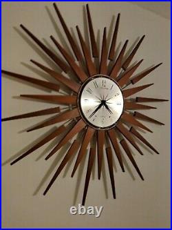 Large Vintage Seth Thomas Scotland Sunburst Starburst Teak Spine Wall Clock