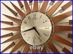 Large Vintage Seth Thomas Scotland Sunburst Starburst Teak Spine Wall Clock