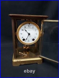 Old SETH THOMAS BRASS EMPIRE CRYSTAL REGULATOR 48S CLOCK KEY BEVELED GLASS Works