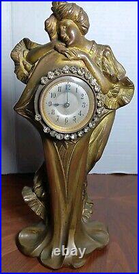 Original Antique Art Nouveau Bronze Figure With Junghans Clock (Read)