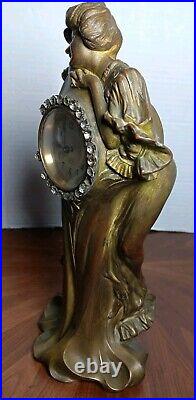 Original Antique Art Nouveau Bronze Figure With Junghans Clock (Read)