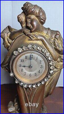 Original Antique Art Nouveau Bronze Figure With Junghans Clock (Read)