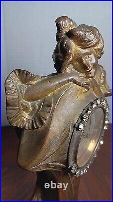 Original Antique Art Nouveau Bronze Figure With Junghans Clock (Read)