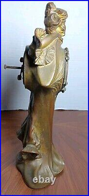 Original Antique Art Nouveau Bronze Figure With Junghans Clock (Read)