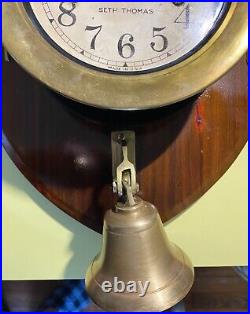 SETH THOMAS WW2 DECK CLOCK MOUNTED ON MAHOGANY PRESENTATION SHIELD with BELL
