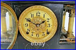 Seth Thomas Adamantine Black Wood Claw Foot 6 Pillar Pendulum Mantel Clock