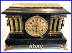 Seth Thomas Adamantine Mantle Clock 6-Pillar & Ornate Brass Accents Vintage