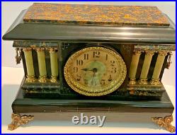 Seth Thomas Adamantine Mantle Clock 6-Pillar & Ornate Brass Accents Vintage