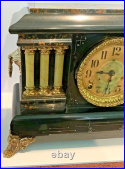 Seth Thomas Adamantine Mantle Clock 6-Pillar & Ornate Brass Accents Vintage