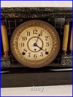 Seth Thomas Black & Green Marbled Adamantine Mantel Clock Pillars Lions Heads