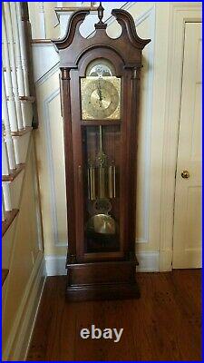 Seth Thomas Grandfather Clock Burled Cherry Arch Moon Dial Beveled Glass