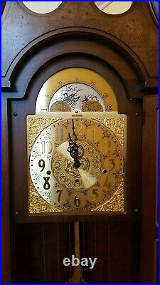 Seth Thomas Grandfather Clock Burled Cherry Arch Moon Dial Beveled Glass