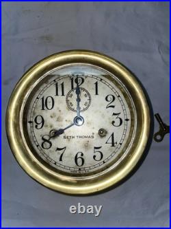 Seth Thomas One Day Brass Ships Bell Clock Running Well, Includes A Key