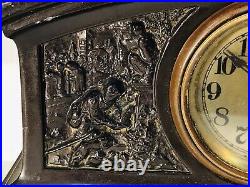 Small Vintage Antique USA Waterbury Key Wound Clock, Carved Bronze Case