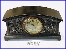 Small Vintage Antique USA Waterbury Key Wound Clock, Carved Bronze Case