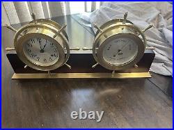 VTG Seth Thomas Helmsman Brass Ship Clock & Barometer Wood Stand & Key