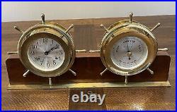 VTG Seth Thomas Helmsman Brass Ship Clock & Barometer Wood Stand & Key #E537-001