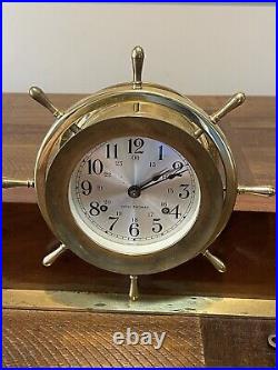 VTG Seth Thomas Helmsman Brass Ship Clock & Barometer Wood Stand & Key #E537-001