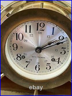 VTG Seth Thomas Helmsman Brass Ship Clock & Barometer Wood Stand & Key #E537-001