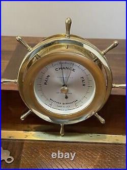 VTG Seth Thomas Helmsman Brass Ship Clock & Barometer Wood Stand & Key #E537-001
