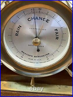 VTG Seth Thomas Helmsman Brass Ship Clock & Barometer Wood Stand & Key #E537-001