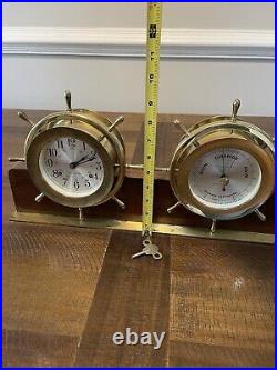 VTG Seth Thomas Helmsman Brass Ship Clock & Barometer Wood Stand & Key #E537-001