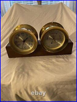 VTG Seth Thomas Helmsman Brass Ship Clock & Barometer Wood Stand & Key SEE VIDEO