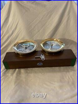 VTG Seth Thomas Helmsman Brass Ship Clock & Barometer Wood Stand & Key SEE VIDEO