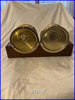 VTG Seth Thomas Helmsman Brass Ship Clock & Barometer Wood Stand & Key SEE VIDEO