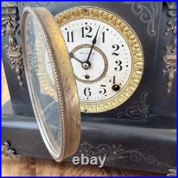 Victorian Antique Mantel Clock, Marble Grain Paint & Lions, Seth Thomas