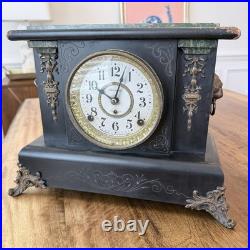 Victorian Antique Mantel Clock, Marble Grain Paint & Lions, Seth Thomas