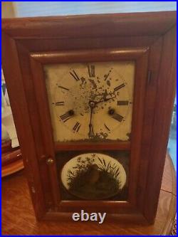 Vintage 1800s SETH THOMAS ogee og clock antique mantel with key woodcock art glass