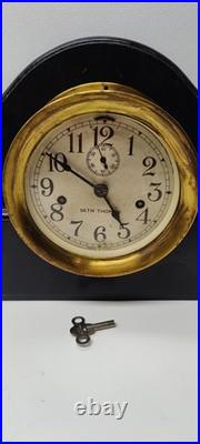 Vintage Seth Thomas Brass Maritime Ships Clock Time Only With Base And Key Runs